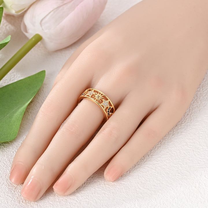 S925 Silver Dual-Color Double-Layer Hollow Moon & Star Diamond-Paved Ring