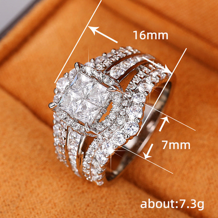 “Eternal Crown” Multi-Layer Pavé Square-Cut Statement Ring | Platinum Tone Finish