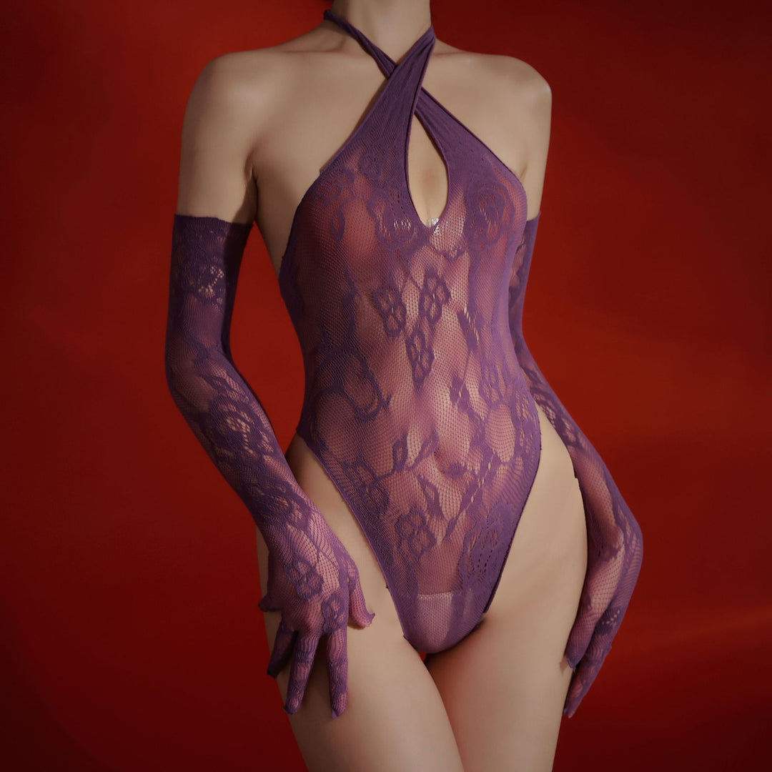 Halter Lace Bodysuit with Matching Gloves