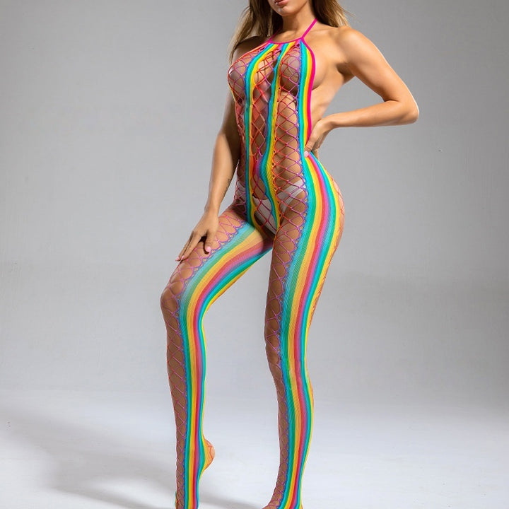 Rainbow Lace-Up Fishnet Full Bodystocking