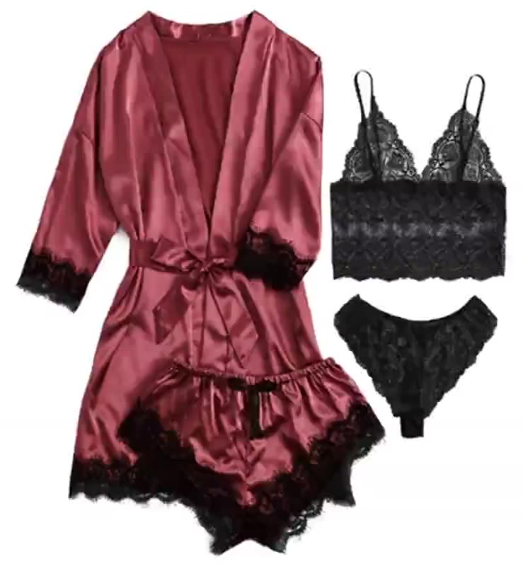 Satin Lace 4-Piece Lingerie Sleepwear Set