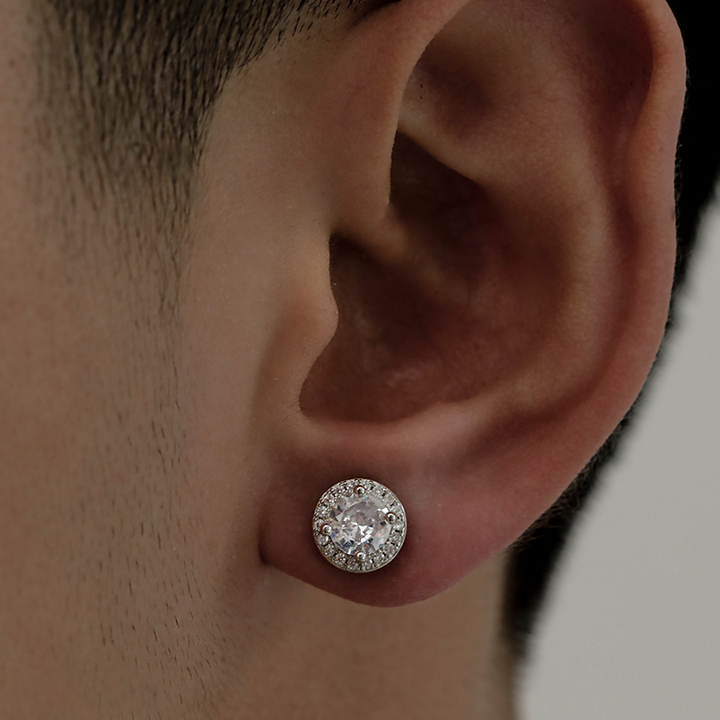 Round Full-Diamond Halo Earrings (Silver/Gold Version)