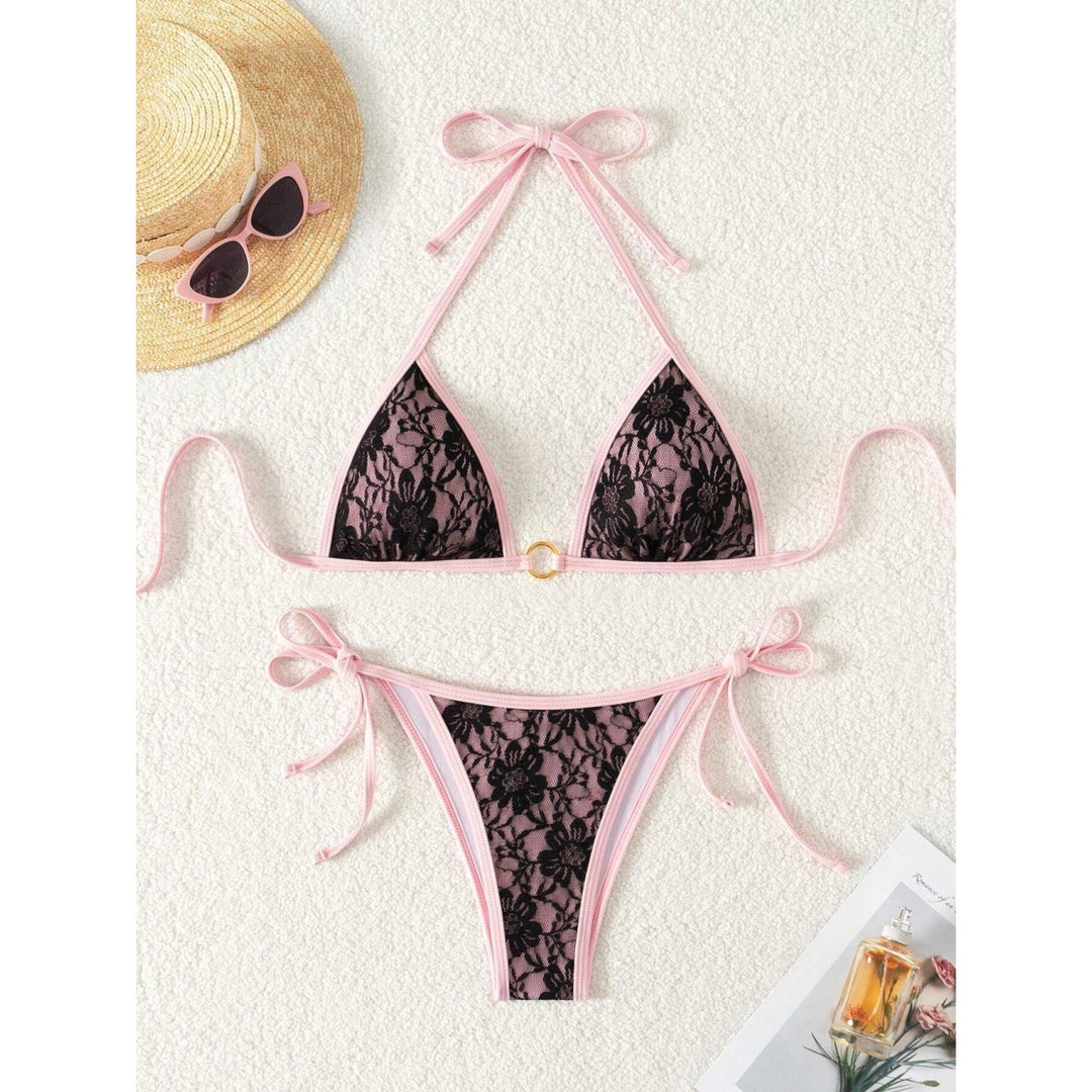 Sexy Pink Lace Tie Side Bikini Set