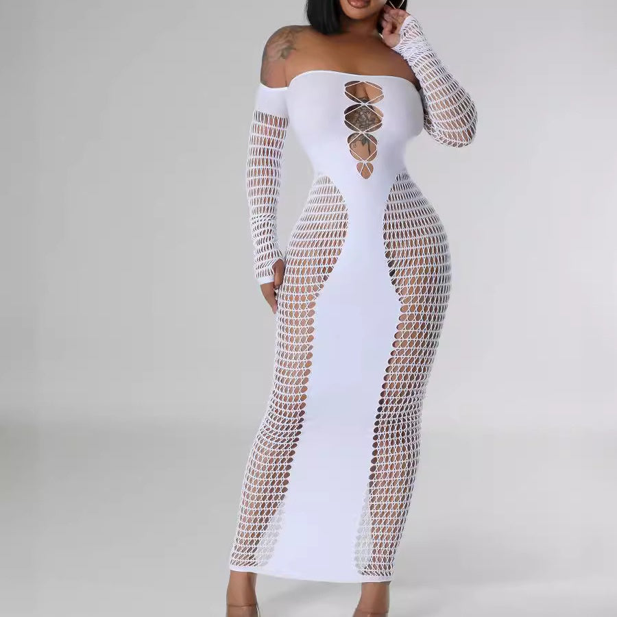 Off-Shoulder Hollow Circle Fishnet Maxi Dress