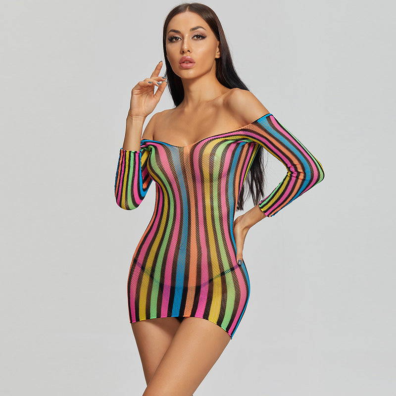Off-Shoulder Sheer Mesh Striped Mini Dress