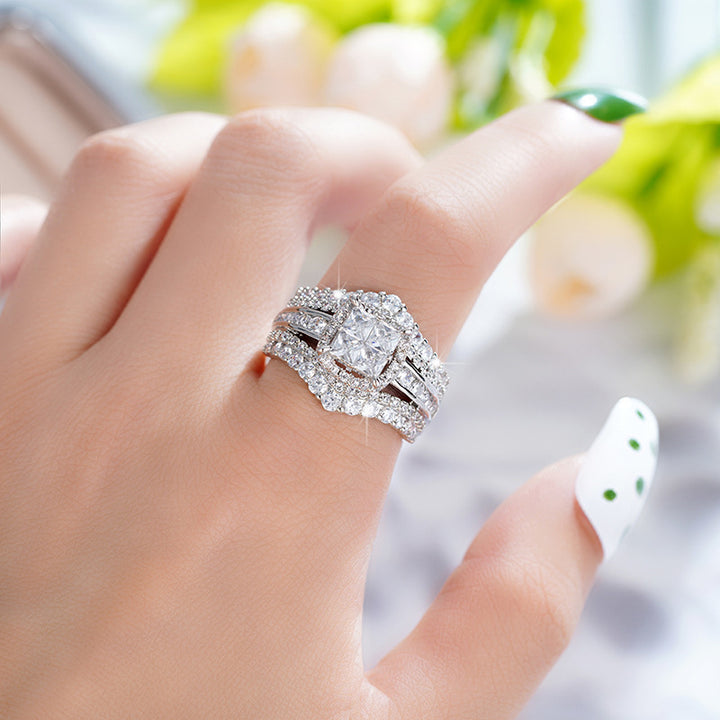 “Eternal Crown” Multi-Layer Pavé Square-Cut Statement Ring | Platinum Tone Finish