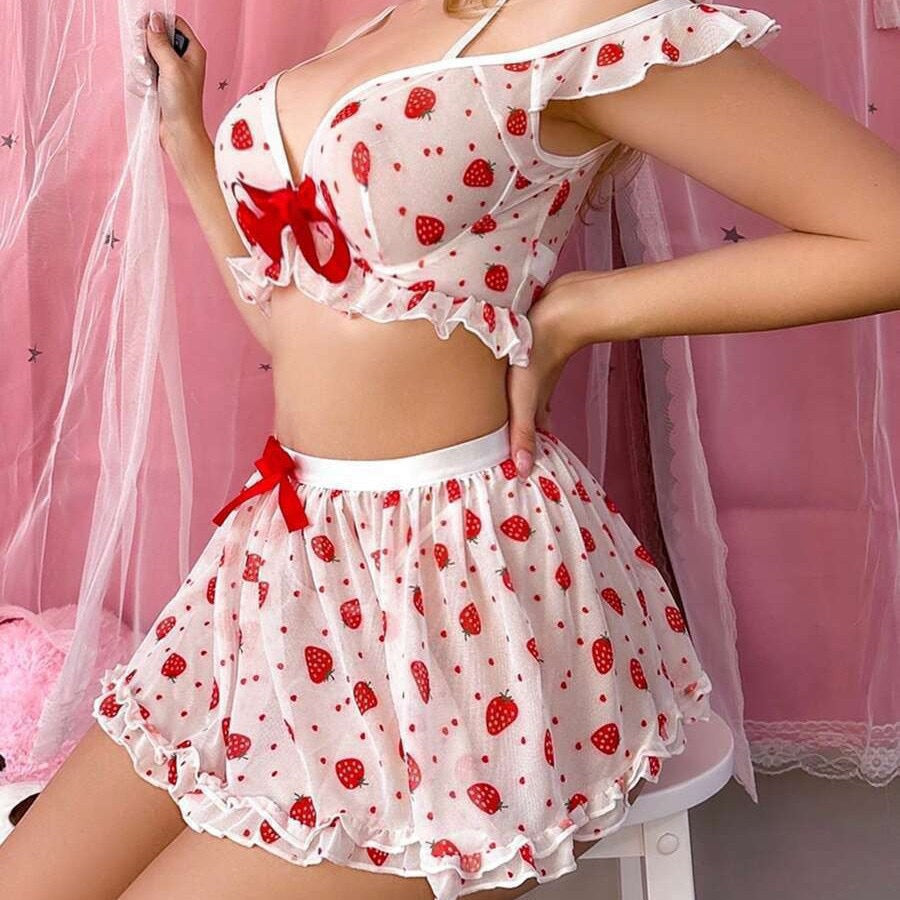 Sweet Temptation Strawberry Mesh Lingerie Set