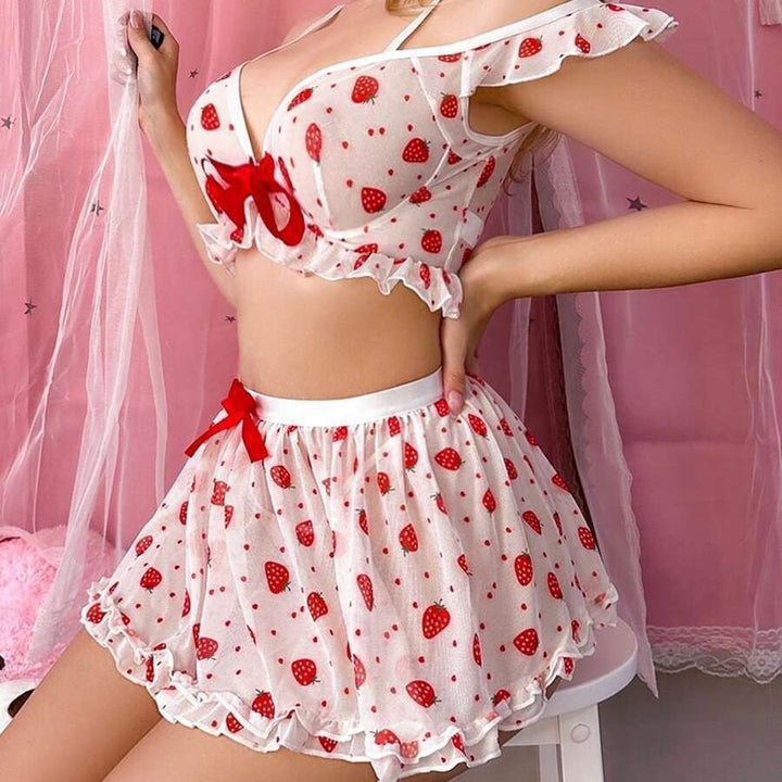 Sweet Temptation Strawberry Mesh Lingerie Set
