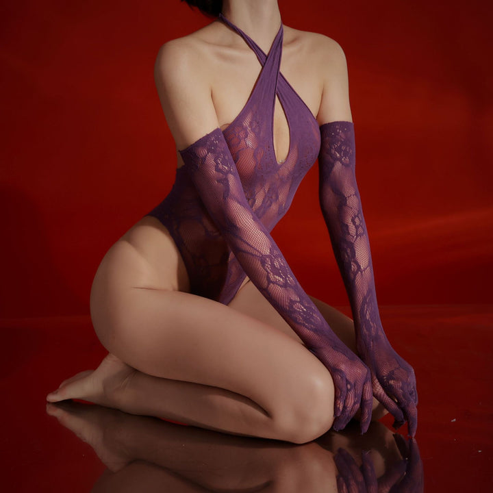 Halter Lace Bodysuit with Matching Gloves