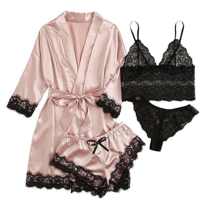 Satin Lace 4-Piece Lingerie Sleepwear Set