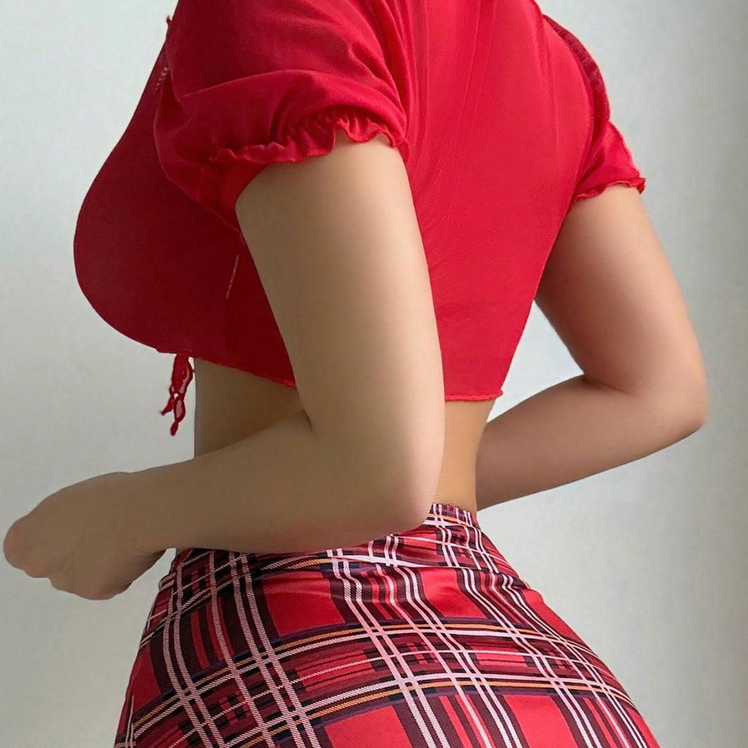 Sexy Plaid Schoolgirl Lingerie Set with Crop Top and Mini Skirt