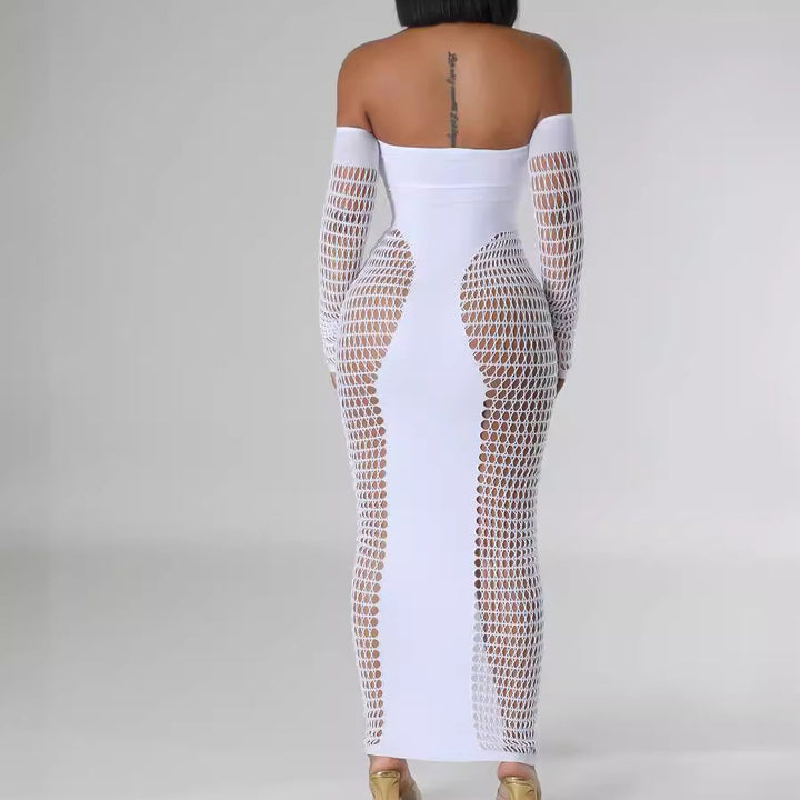 Off-Shoulder Hollow Circle Fishnet Maxi Dress