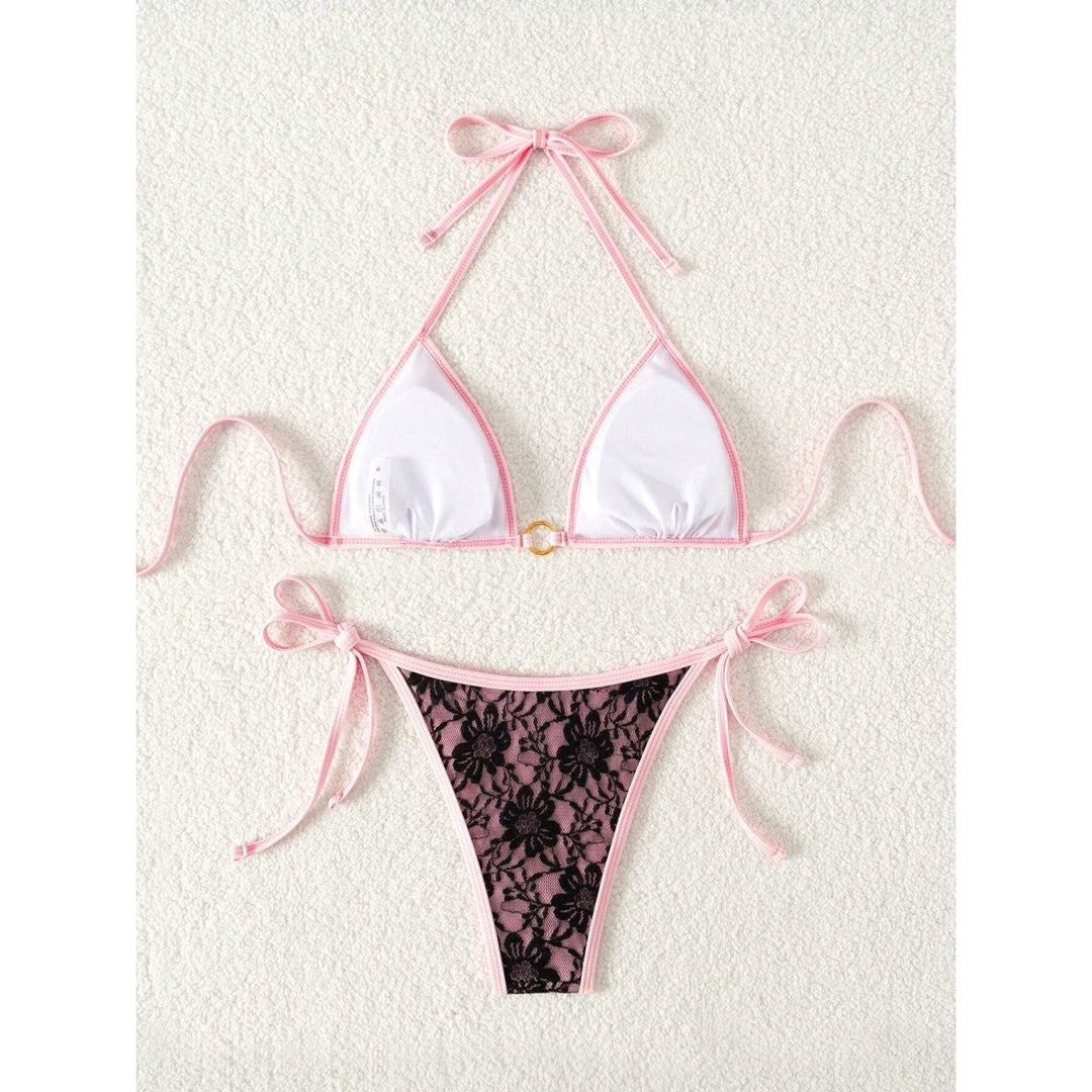 Sexy Pink Lace Tie Side Bikini Set