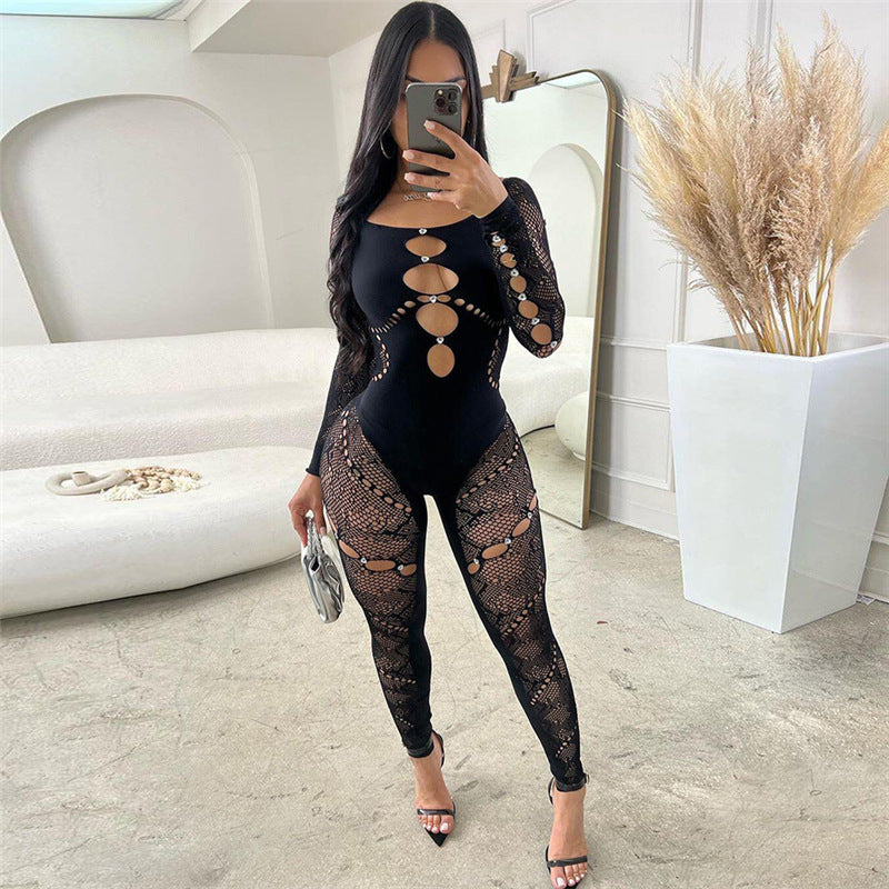 Rhinestone Cut-Out Long Sleeve Bodysuit