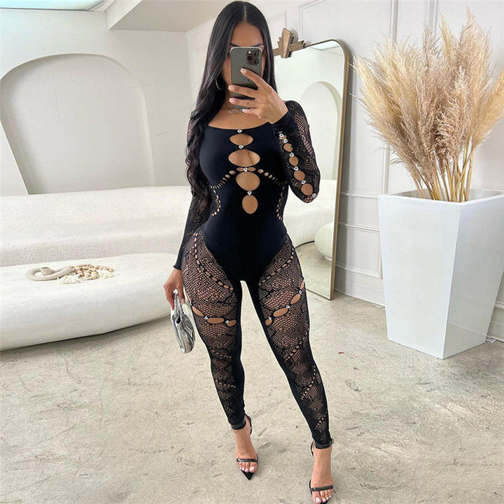 Rhinestone Cut-Out Long Sleeve Bodysuit
