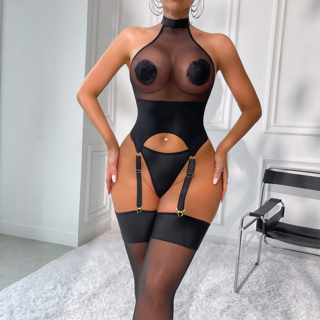 Sexy Black Sheer Halter Garter Bodysuit