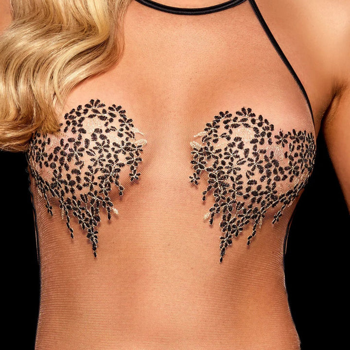 Black Lace Embroidered Sheer Halter Cutout Bodysuit