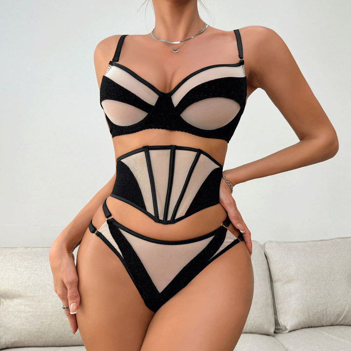 Black Glitter Mesh Cutout Lingerie Set