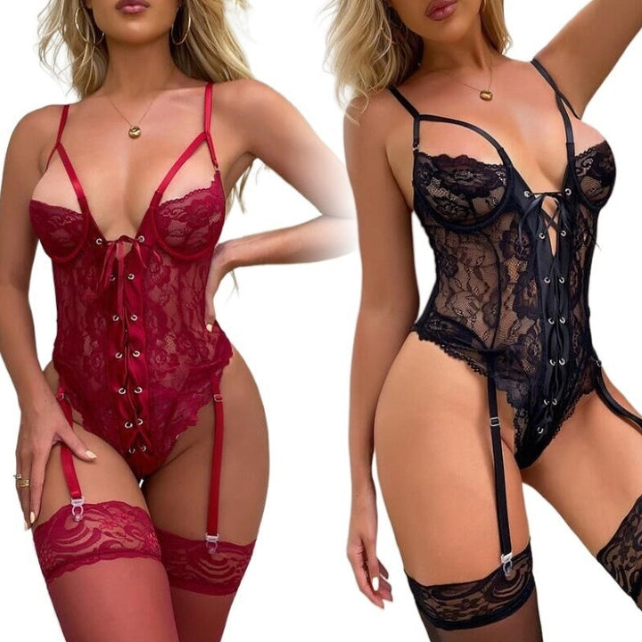 Lace-Up Lace Bodysuit