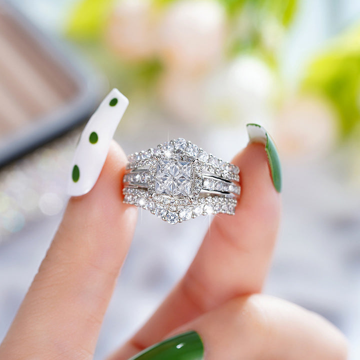“Eternal Crown” Multi-Layer Pavé Square-Cut Statement Ring | Platinum Tone Finish