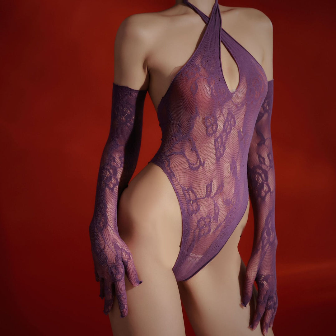 Halter Lace Bodysuit with Matching Gloves
