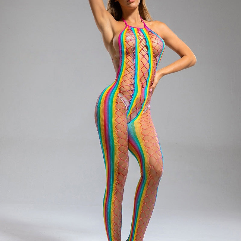 Rainbow Lace-Up Fishnet Full Bodystocking