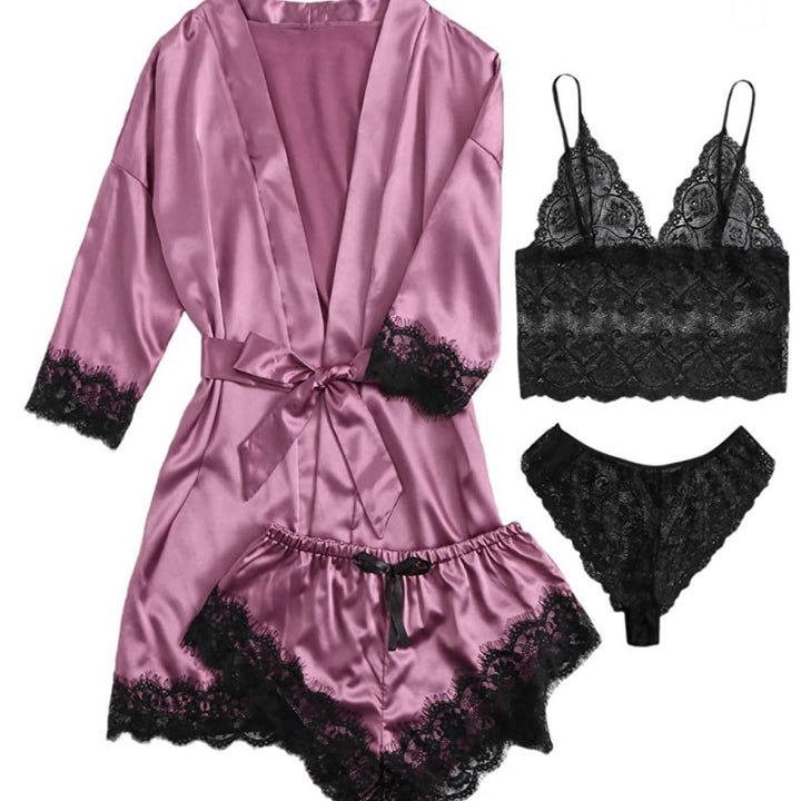 Satin Lace 4-Piece Lingerie Sleepwear Set