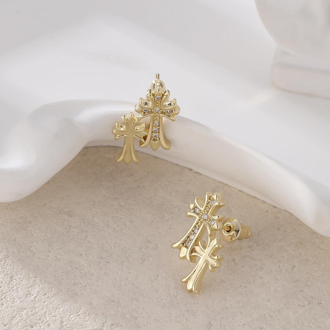 Double Cross Gold/Silver Diamond-Inlaid Earrings