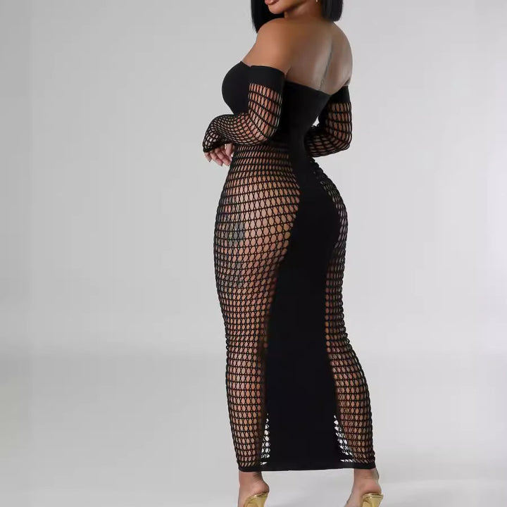 Off-Shoulder Hollow Circle Fishnet Maxi Dress