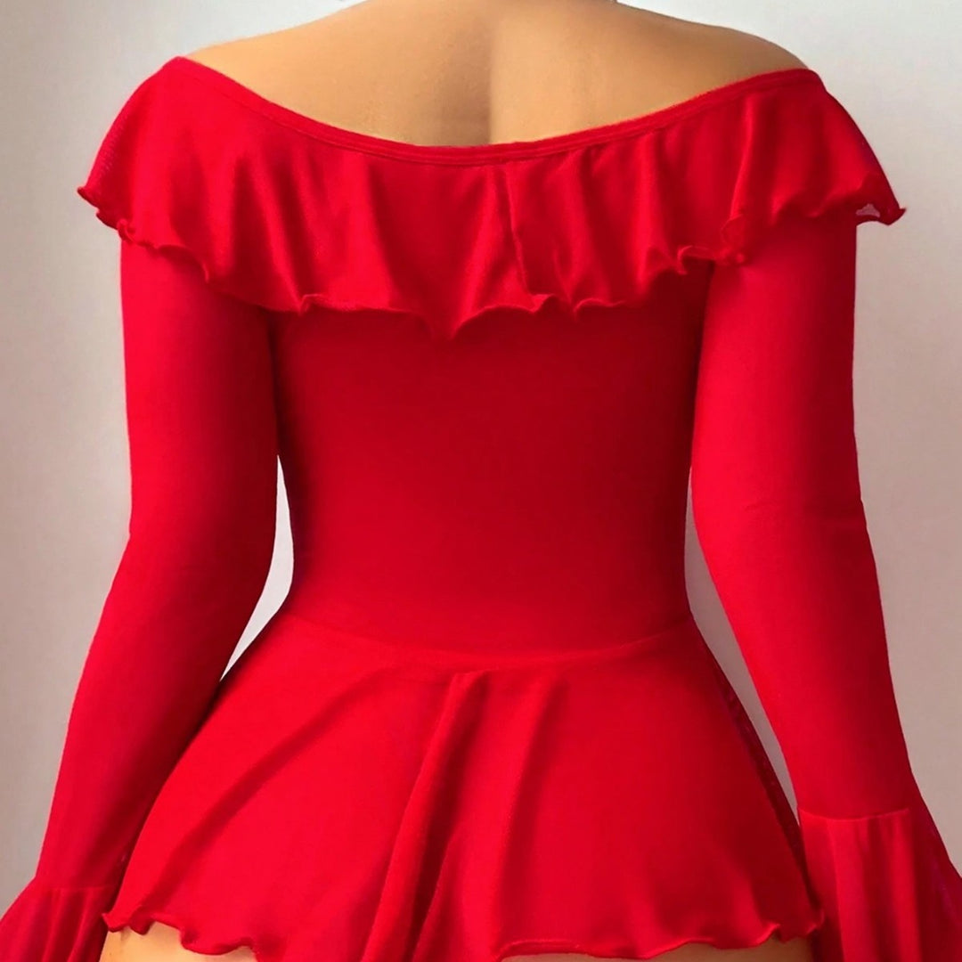 Off shoulder ruffled sheer bodysuit