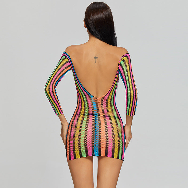 Off-Shoulder Sheer Mesh Striped Mini Dress