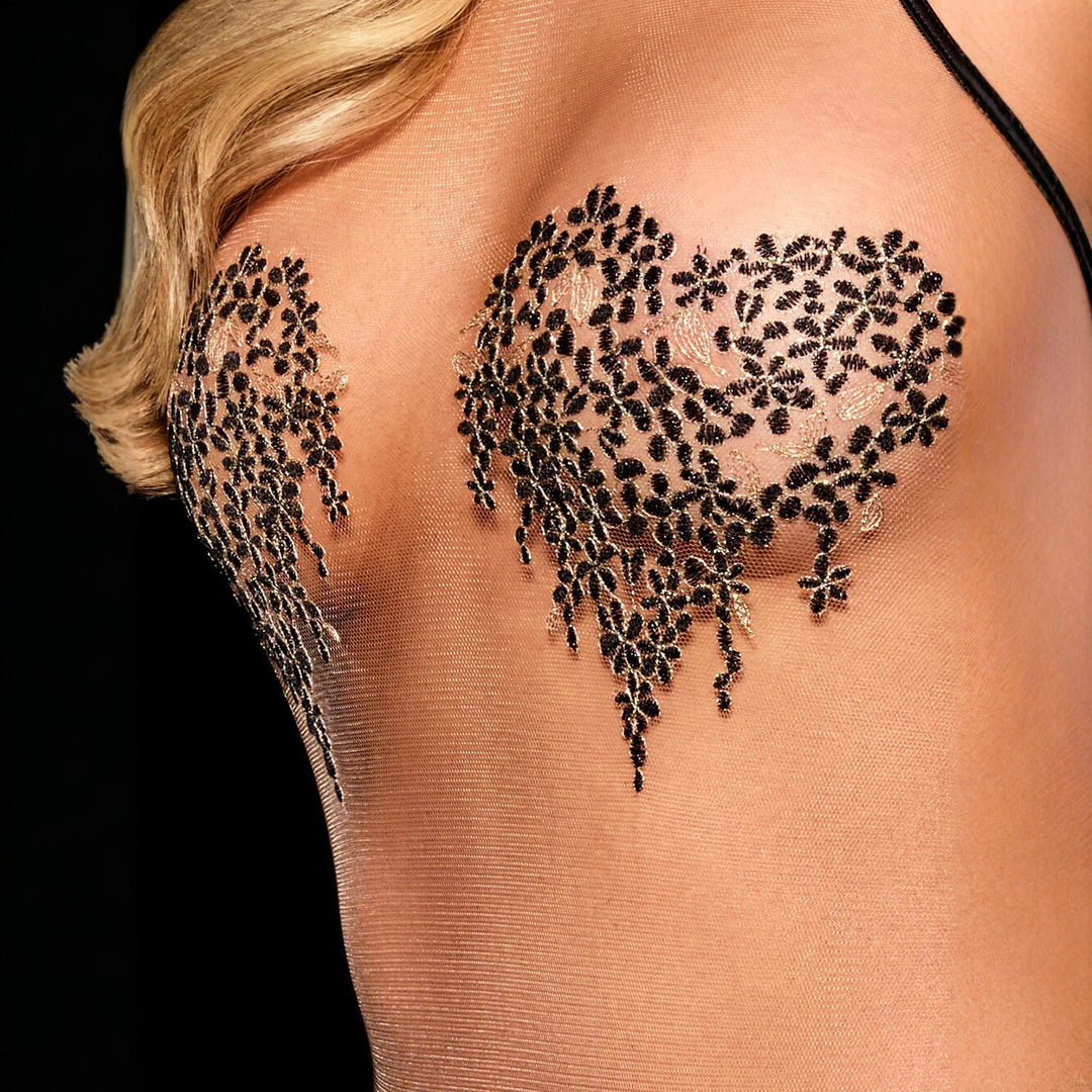 Black Lace Embroidered Sheer Halter Cutout Bodysuit