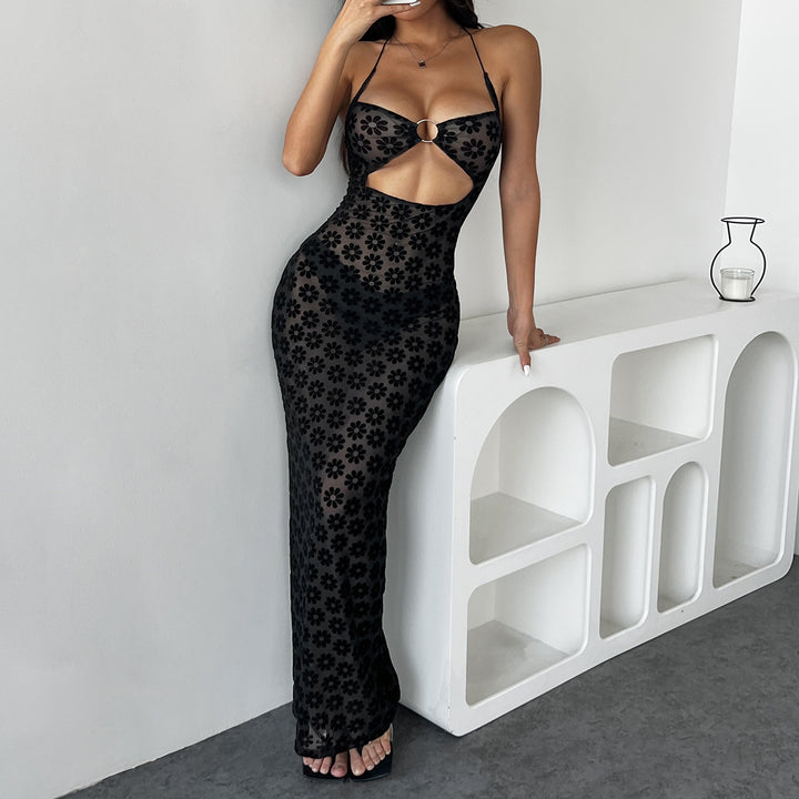 Floral Mesh Cutout Maxi Dress