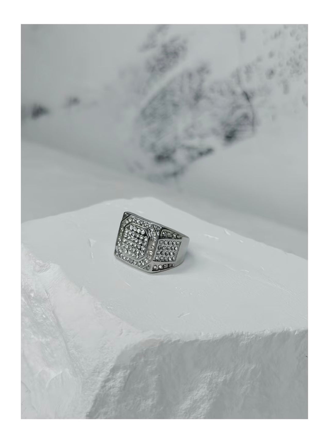 Silver full diamond geometric wide face ring