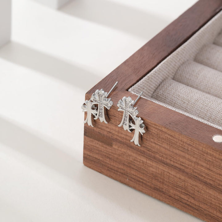 Double Cross Gold/Silver Diamond-Inlaid Earrings