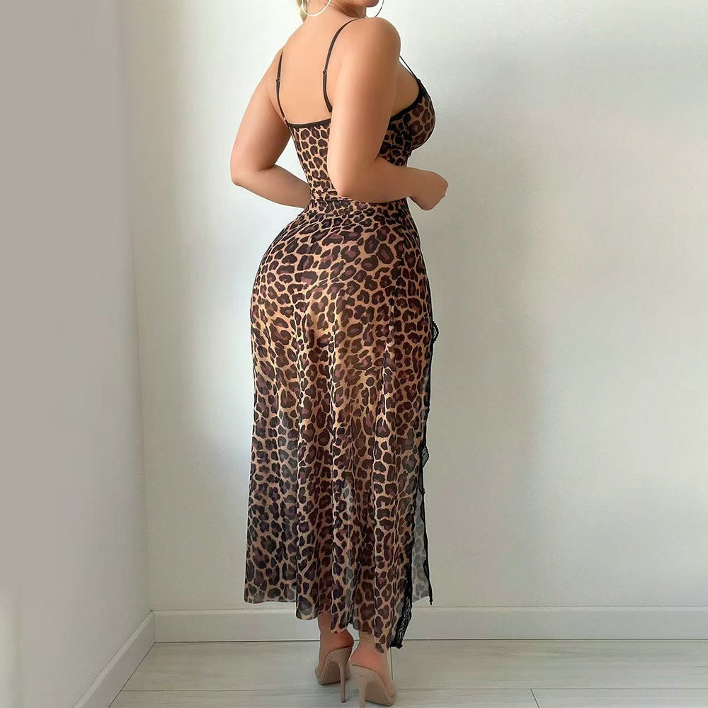 Leopard Lace Trim High Slit Chemise