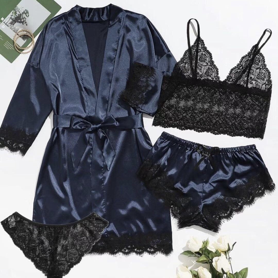 Satin Lace 4-Piece Lingerie Sleepwear Set