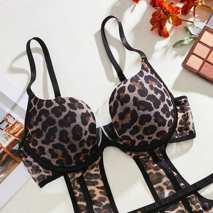 Leopard Print Chain Garter Lingerie Set