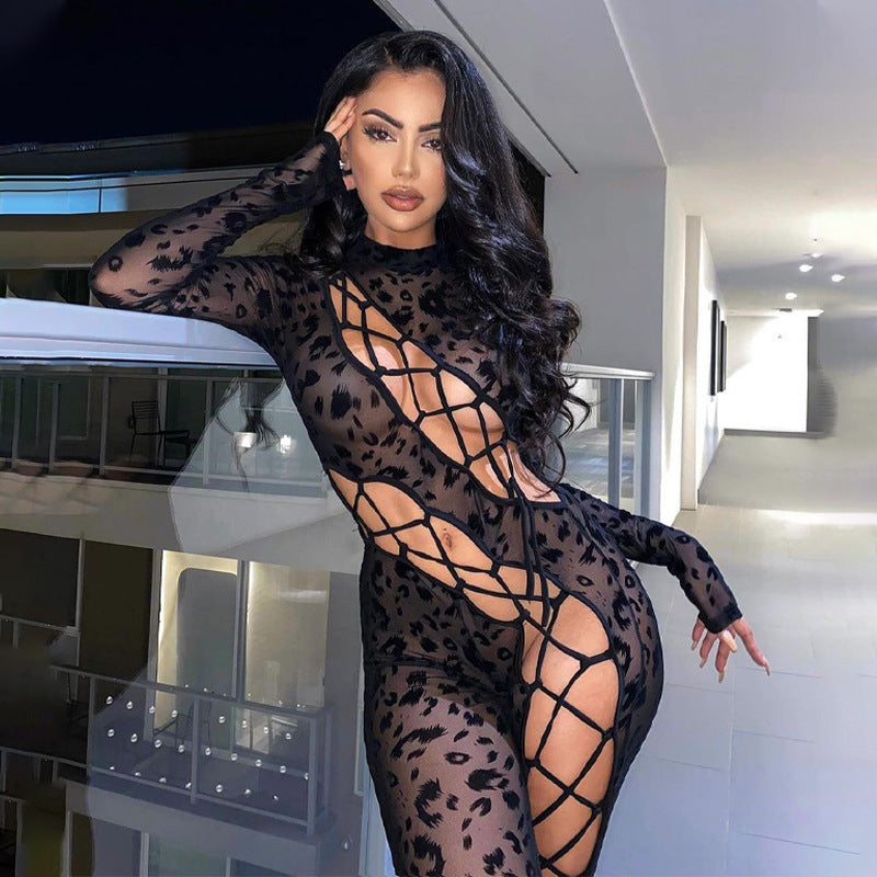 Sexy Leopard Mesh Cutout Jumpsuit