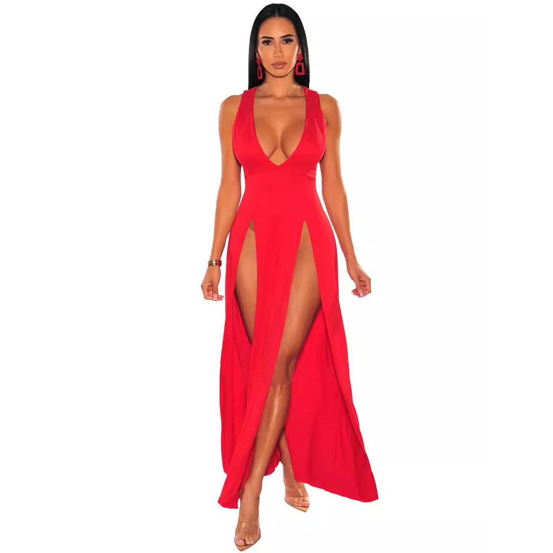 Deep V-Neck High Slit Maxi Dress
