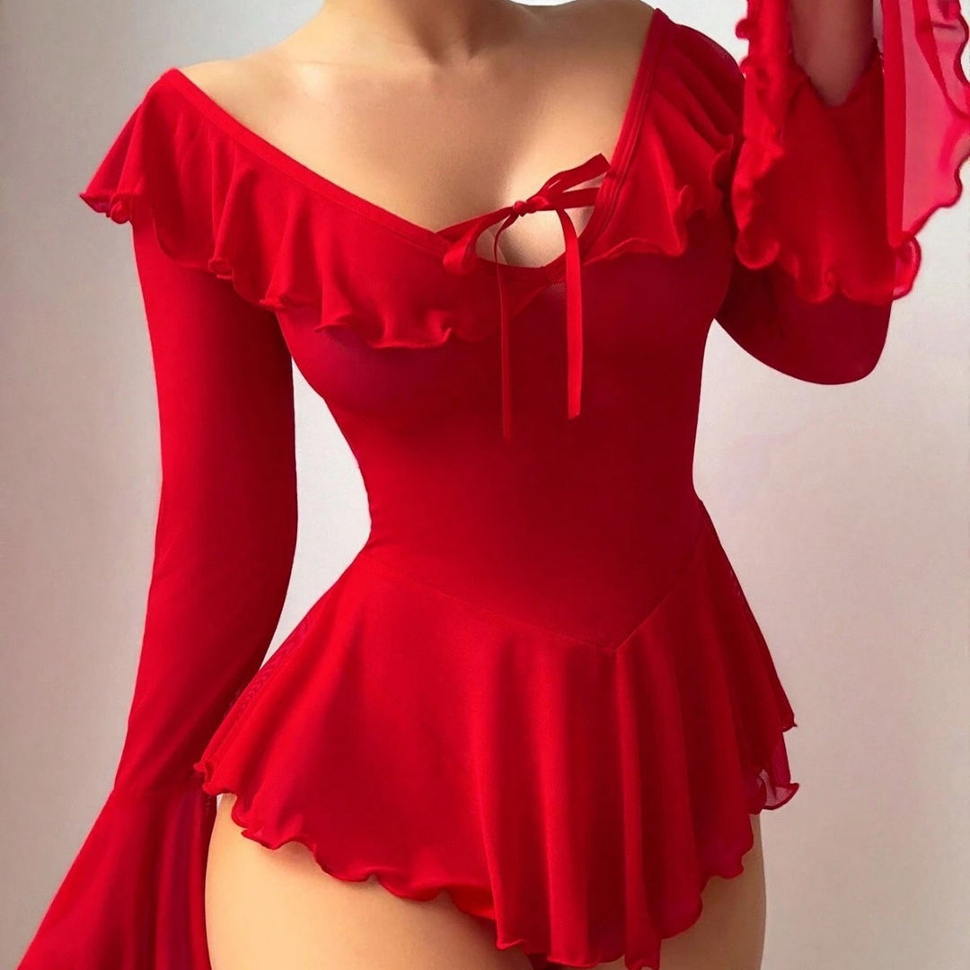 Off shoulder ruffled sheer bodysuit
