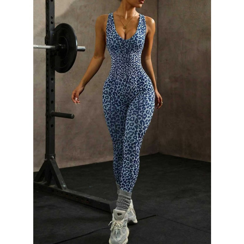 Leopard Print Crisscross Back Bodysuit Jumpsuit