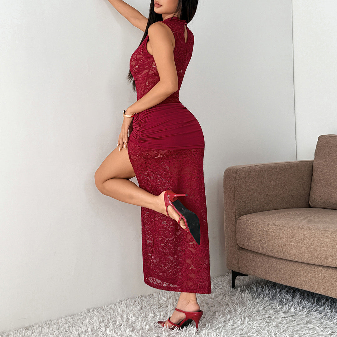 Sexy Lace High Slit Bodycon Midi Dress