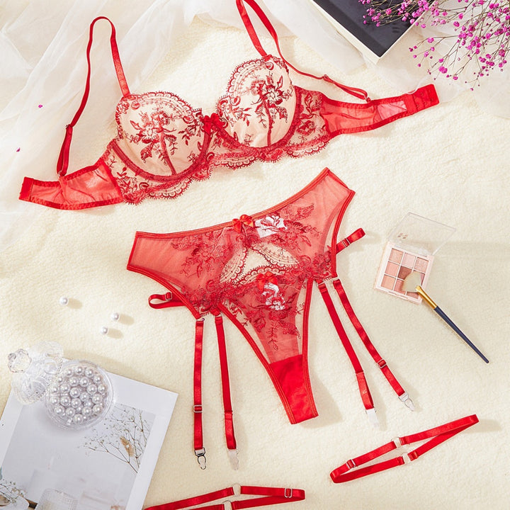 Sexy Lace Floral Bra & Garter Thong Set