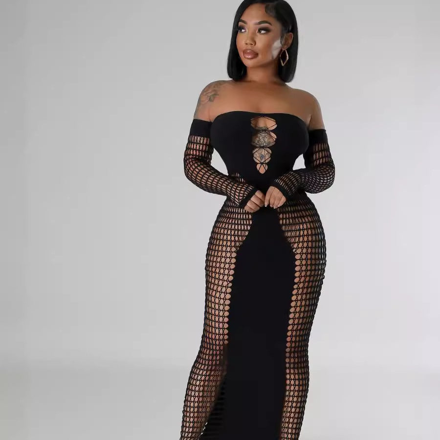 Off-Shoulder Hollow Circle Fishnet Maxi Dress
