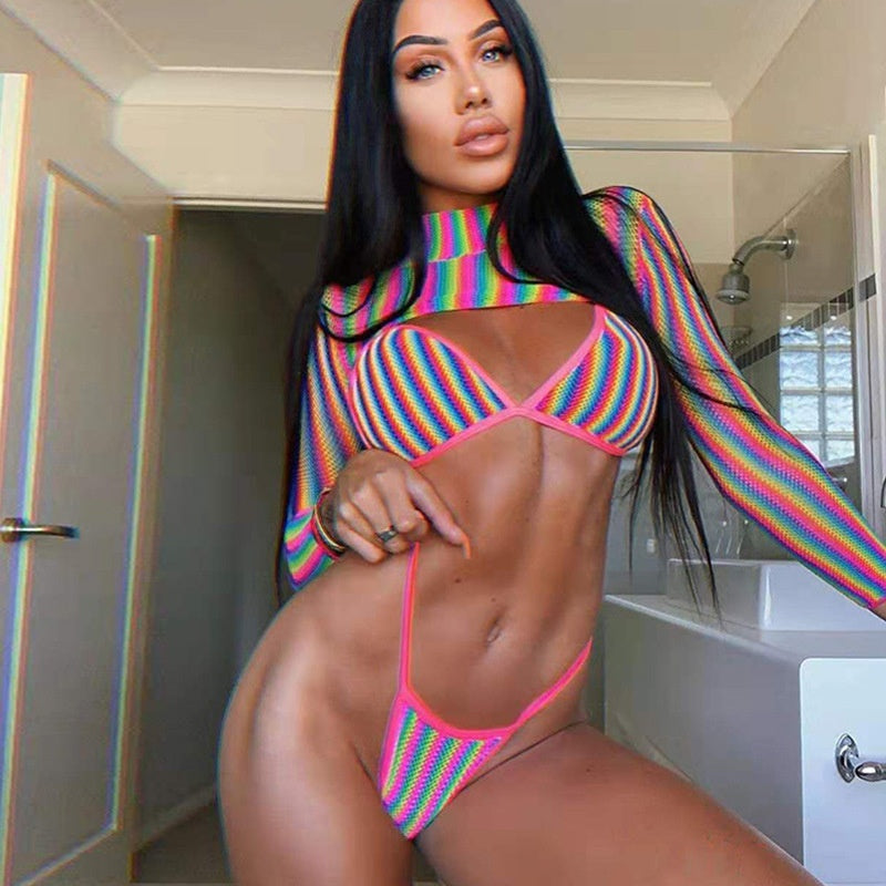 Rainbow Mesh Harness Bodysuit Set