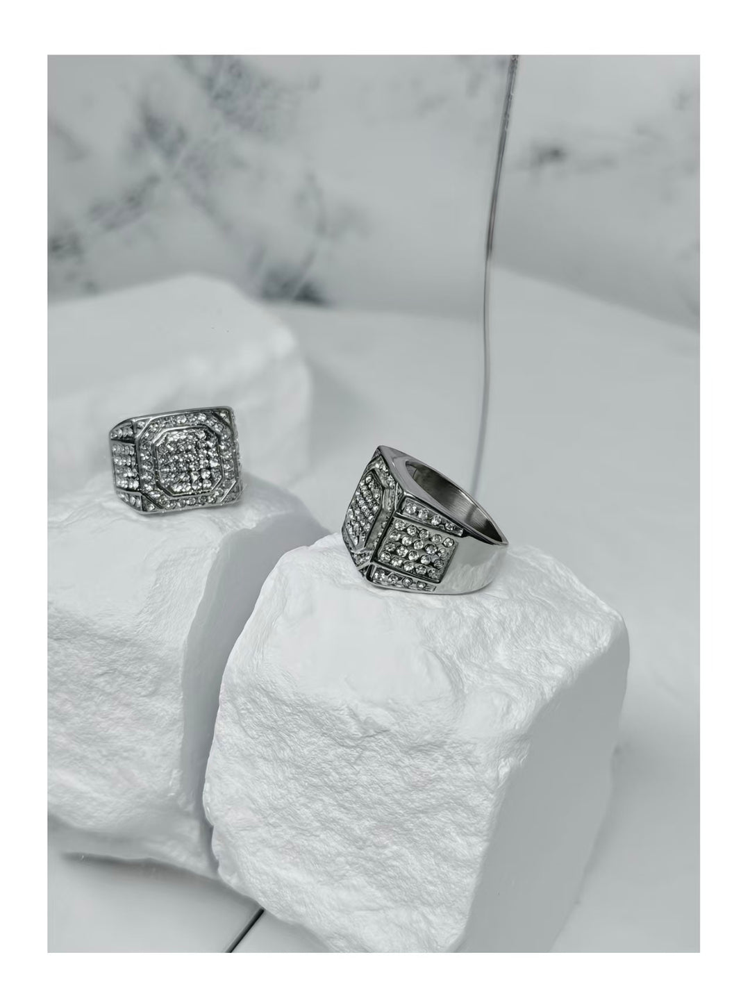 Silver full diamond geometric wide face ring