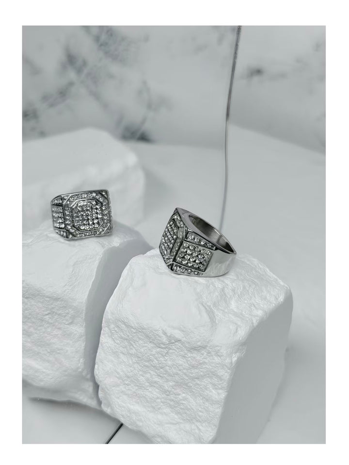Silver full diamond geometric wide face ring