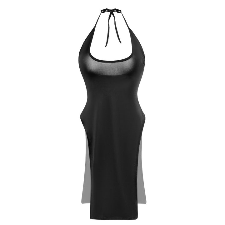 Wet-Look High-Slit Halter Micro Dress