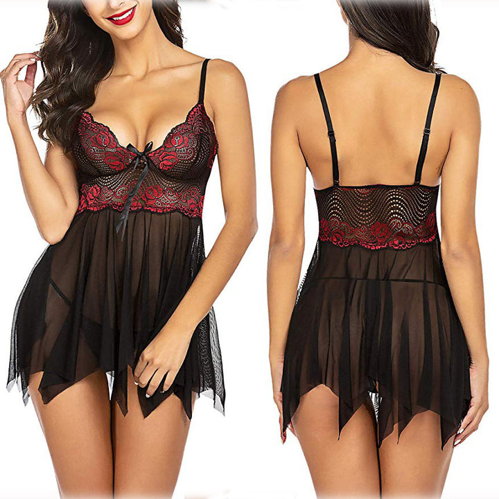 Lace Mesh Babydoll Lingerie Nightdress with Adjustable Straps